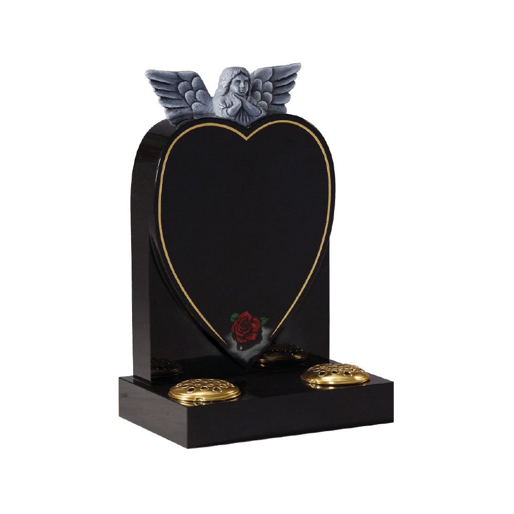 Black Granite Heart Memorial with Carved Angel and Painted Rose